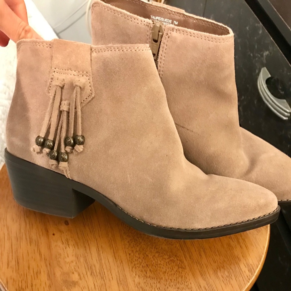 White Mountain suede booties, nude/sand/tan